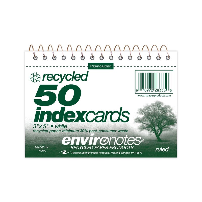 Roaring Spring Wirebound Spiral Bound Recycled Index Cards 3"x5", 50 Count, 100# White Paper, Narrow Ruled, Perforated, Blank on Back, Snag-proof (Pack of 1) - Image 1